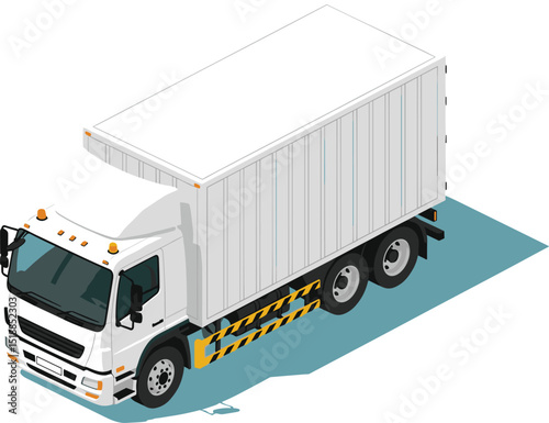 Isometric illustration of a white medium sized box truck with closed cargo compartment shown on blue background for delivery and logistics concept