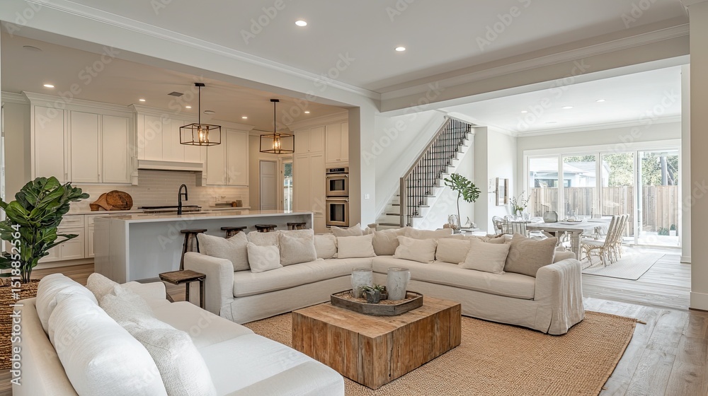 Fototapeta premium Bright open concept living space with white sofas and a kitchen in the background of the room