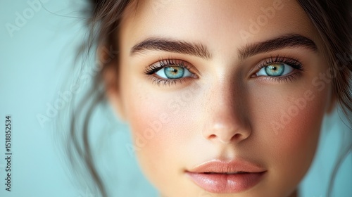Close up portrait of a young woman with blue eyes and fair skin against a light blue background