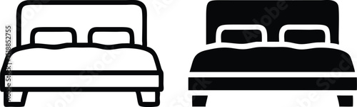 Minimalist Double Bed Silhouette Icon in Dark Gray with Pillow and Duvet Front View Vector Illustration