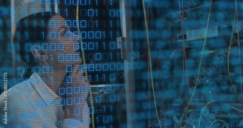 IT engineer receiving call and diagnosing network issue by reseating rack cable with binary overlay