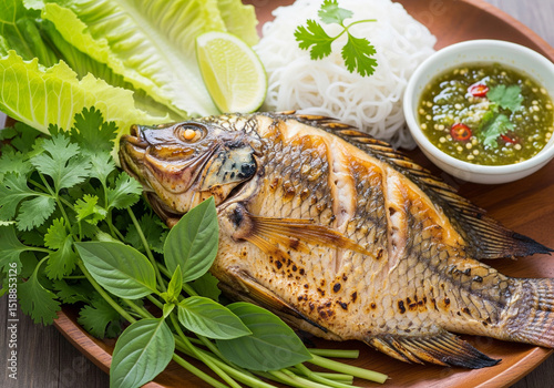 Authentic Thai 'Miang Pla Pao' - grilled tilapia served with fresh vegetables, rice vermicelli noodles, and a spicy seafood dipping sauce, a popular and healthy street food