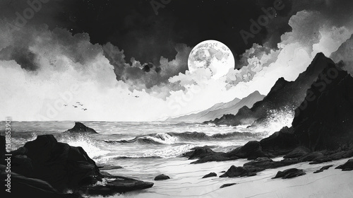 Serene beach under moonlight washes away your worry with gentle waves and soft sand, evoking sense of peaceful and freedom