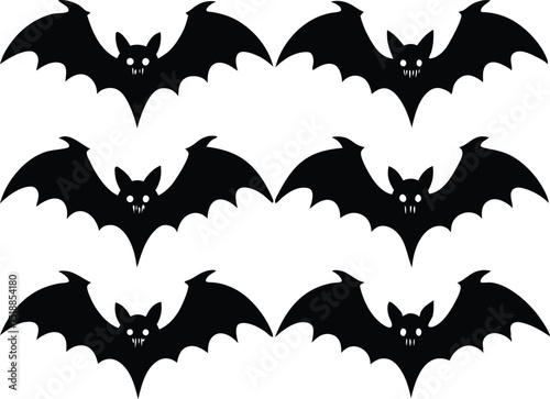 Halloween bat and bats vector, Set of black flat bat silhouettes. Bat silhouettes set. Vector illustration