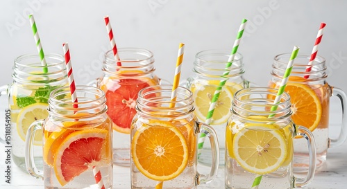 Refreshing Citrus Infused Water in Mason Jars with Straws on White Background Ideal for Summer Hydration and Healthy Lifestyle Promotion
