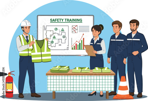 Industrial safety instructor demonstrating high visibility vests to factory workers during a safety training session with equipment and emergency procedures cartoon