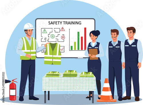 Industrial safety instructor demonstrating high visibility vests to factory workers during a safety training session with equipment and emergency procedures cartoon