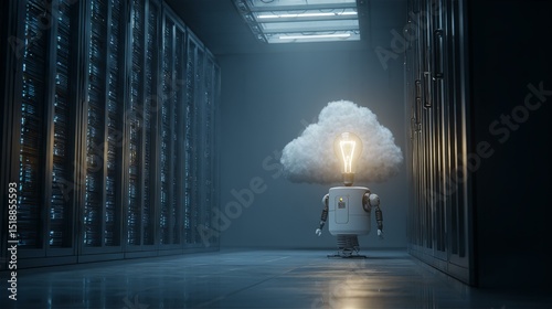 Futuristic Cloud Robot in Server Room: AI, Data Center, Technology, Sci-Fi, 3D Render, Digital Art, Innovation