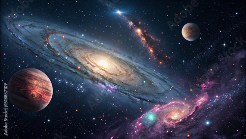 Dynamic Cosmic Scene with Spiral Galaxies and Planets Illustration.