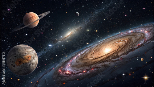 Majestic Galaxy Landscape with Ringed Planets and Distant Galaxies AI Generative Art.