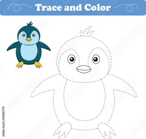 Handwriting Practice. Tracing lines and coloring penguin for children. Vector Illustration