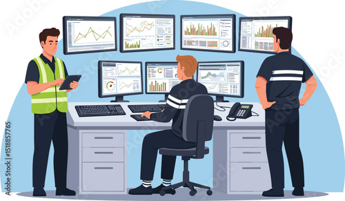 data center control room engineering team monitoring real-time server performance and system analytics in a high-tech flat cartoon