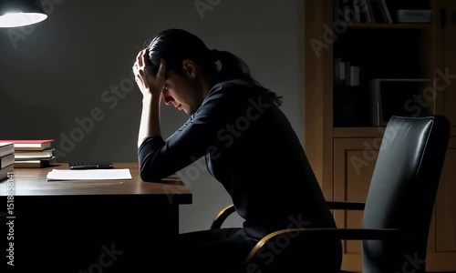 Woman stressed at desk under dim lighting