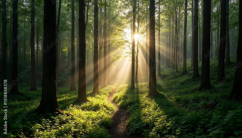 Obraz premium Forest with Sunlight Streaming Through Trees
