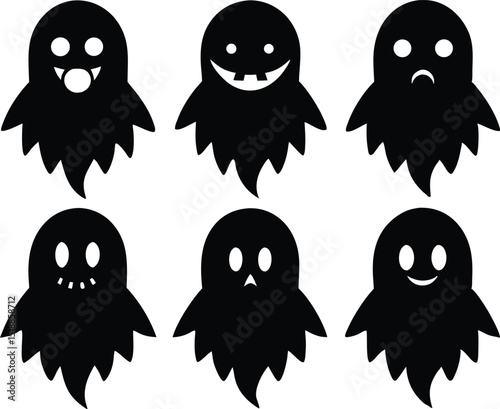 Halloween ghosts set line art silhouette, set of cute ghost creation kit, Ghost set. Funny Ghost icons. Cute ghost characters. silhouette vector Design