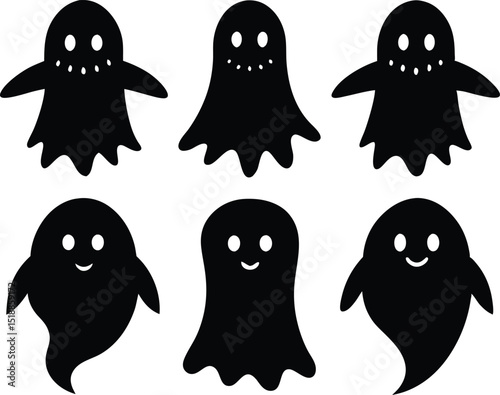 Halloween ghosts set line art silhouette, set of cute ghost creation kit, Ghost set. Funny Ghost icons. Cute ghost characters. silhouette vector Design