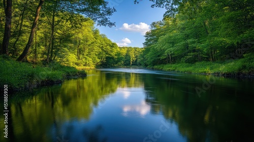 Serene River Reflection in Lush Green Forest