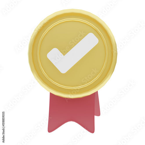 3d illustration of goldren badge red ribbon for icons and symbols.3d render.