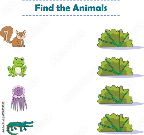 Find Hiding Animals. Child Exercise Sheet with wild animals. Printable worksheet. Cartoon vector illustration