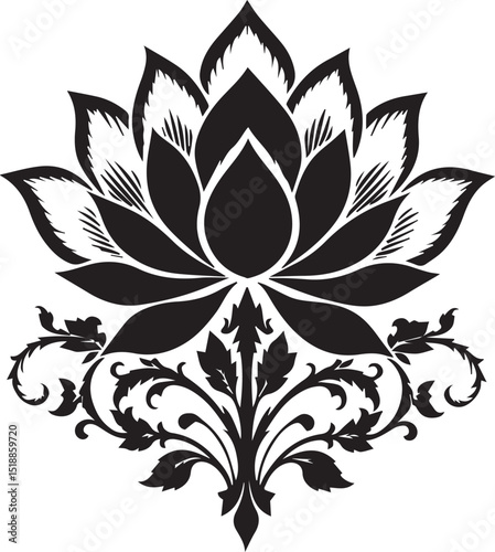 Elegant lotus flower stencil pattern with ornate flourishes. Ideal for spiritual, botanical, and decorative designs. Suitable for prints, tattoos, and artistic motifs.