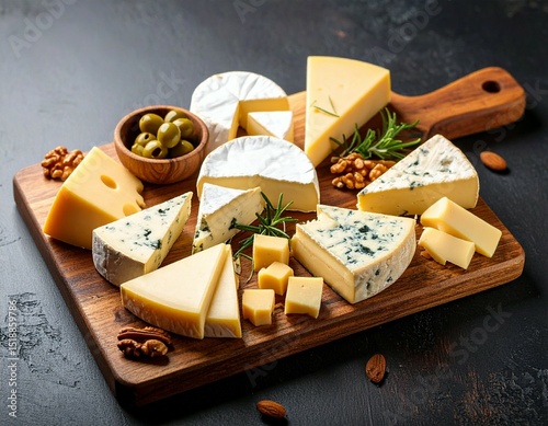 Assorted cheeses on a wooden board with olives and nuts for a delicious cheese board experience