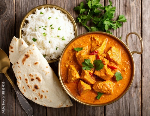 Top down view of butter chicken with rice and naan bread on a rustic wooden surface setting food photography