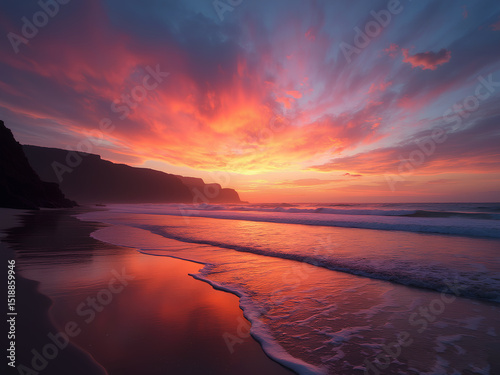 Vibrant Sunset Beach Reflection with Waves and Colorful Sky Landscape Art