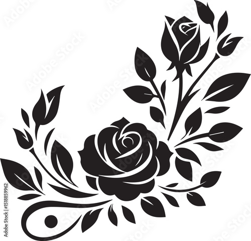 Elegant silhouette of a rose with a budding rose and leaves. Ideal for floral stencil art and decorative designs. Suitable for prints, tattoos, and romantic themes.