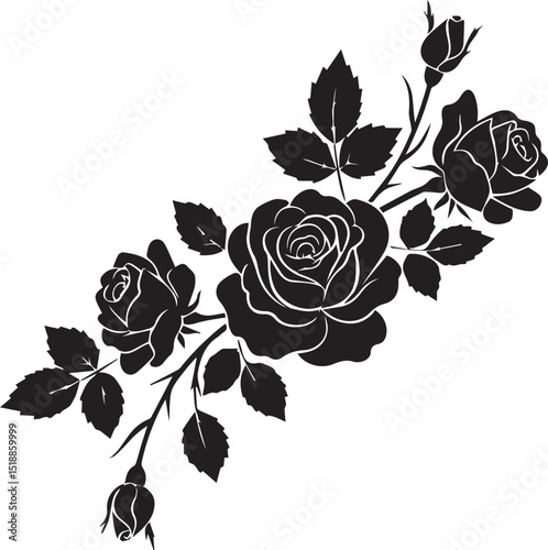 Climbing rose stencil design with multiple blooms and buds. Elegant black rose illustration for decorative art and craft projects. Suitable for prints, tattoos, and romantic themes.