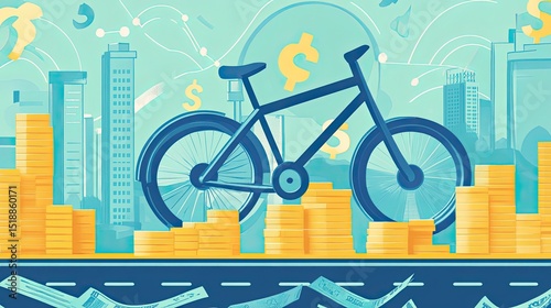 A stylized illustration of a bicycle on stacks of coins in a city landscape with money symbols