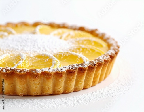 Close up of a lemon tart with a crust and powdered sugar on a white surface in a studio shot
