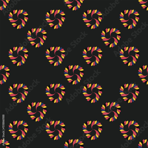 A seamless wallpaper with black-banded geometry is a multicolored, vector-style flower.