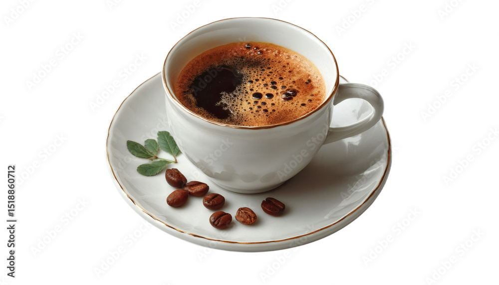 Fototapeta premium [Transparent Background PNG]Aromatic Coffee Cup with Beans and Leaves