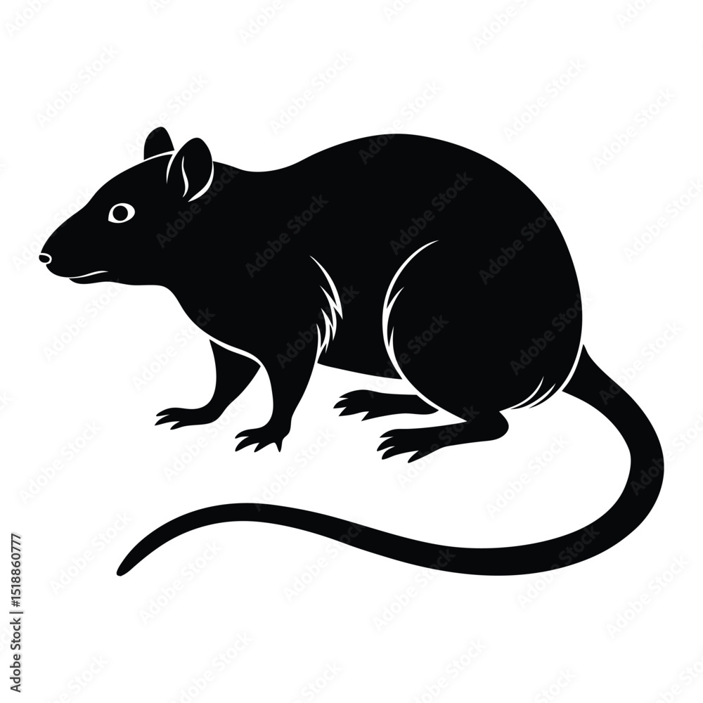 Fototapeta premium A simple, solid black rat silhouette with a curved tail, rounded ears, and a small pointed snout, capturing the sleek, cautious posture of the rodent. 