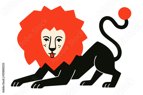 Lion illustration, colorful minimalist style, mid-century modern, childlike shapes, whimsical character design, no outlines, solid colors, stylized proportions
