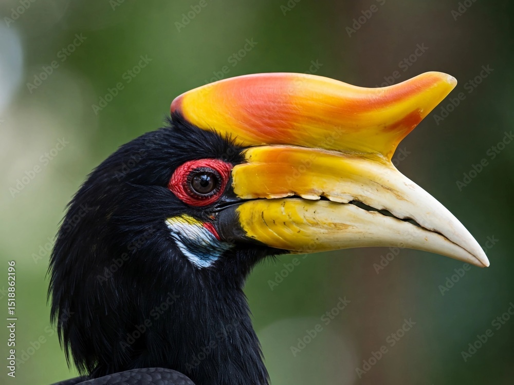 Obraz premium A stunning close-up of a rhinoceros hornbill shows its vivid beak and casque in brilliant yellow, orange, and red hues, highlighting the bird's unique tropical beauty and exotic features.