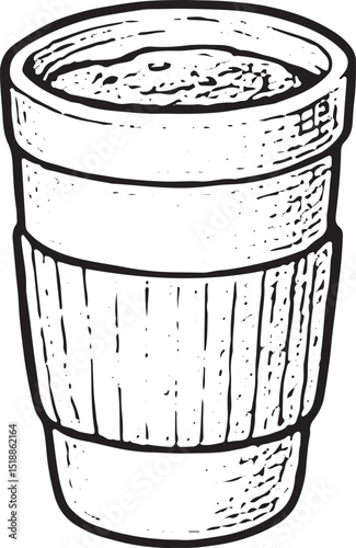 A hand-drawn sketch of a coffee cup with a textured sleeve, perfect for a cozy cafe, offering warmth and a modern take on a classic beverage holder