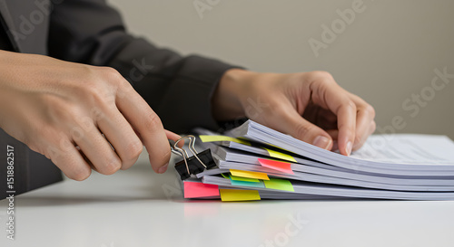 Organizing Documents with Colorful Sticky Notes and Binder for Effective Business Management