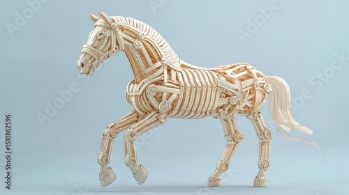 A detailed wooden sculpture of a horse s skeletal structure in a dynamic galloping pose showcasing the intricate anatomical design and organic form photo