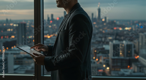 Businessman Standing by Large Window Holding Tablet and Viewing City Skyline at Dusk