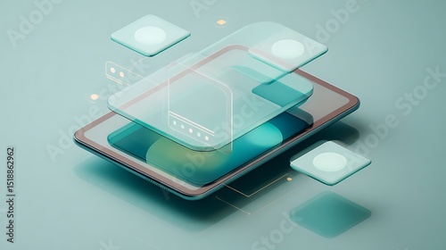 Abstract digital design showcasing layered smartphone with app icons and vibrant colors for tech visuals