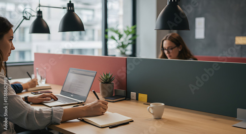 Focused Women Engaged in Collaborative Work at Modern Office Workspace with Laptops and Notebooks