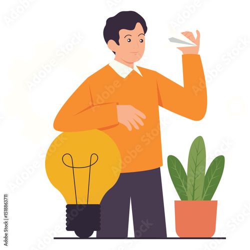 Design Thinking Illustation. Vector illustration of A man prepares to launch a paper plane next to a glowing light bulb, symbolizing new creative ideas. Isolated on background