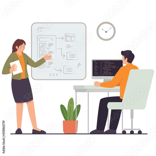 Design Thinking Illustation. Vector illustration of A designer presents a wireframe to a developer who is writing code at his desk. Isolated on background