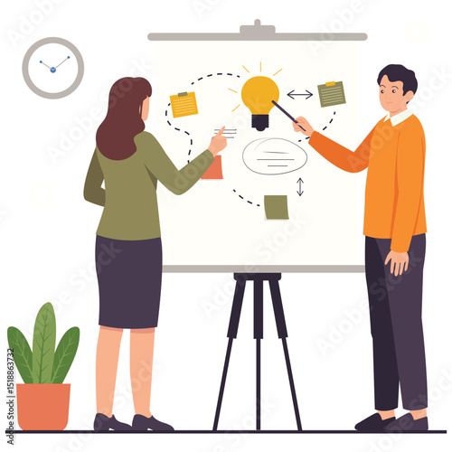 Design Thinking Illustation. Vector illustration of Two team members are developing ideas on a whiteboard with a light bulb as the center of their concept mapping. Isolated on background
