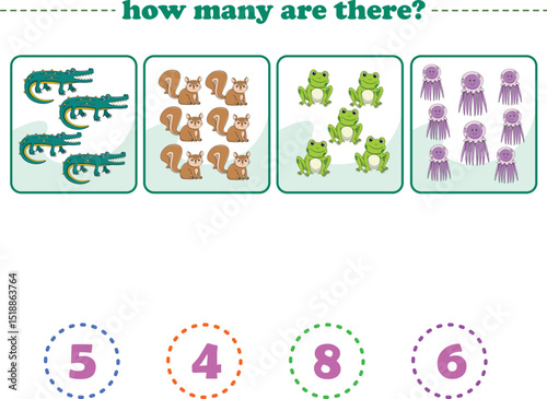 Counting game of wild animals for preschool kids. Printable. Vector Illustration