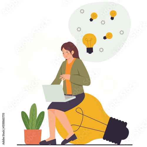 Design Thinking Illustation. Vector illustration of A woman working on a laptop while generating ideas with light bulbs floating above, symbolizing creative thinking. Isolated on background