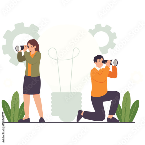 Design Thinking Illustation. Vector illustration of A man and woman using binoculars with a giant light bulb in the background, symbolizing exploration and idea discovery. Isolated on background