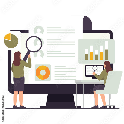 Design Thinking Illustation. Vector illustration of A woman analyzing large digital data charts and profiles, representing UX research and data-driven design. Isolated on background