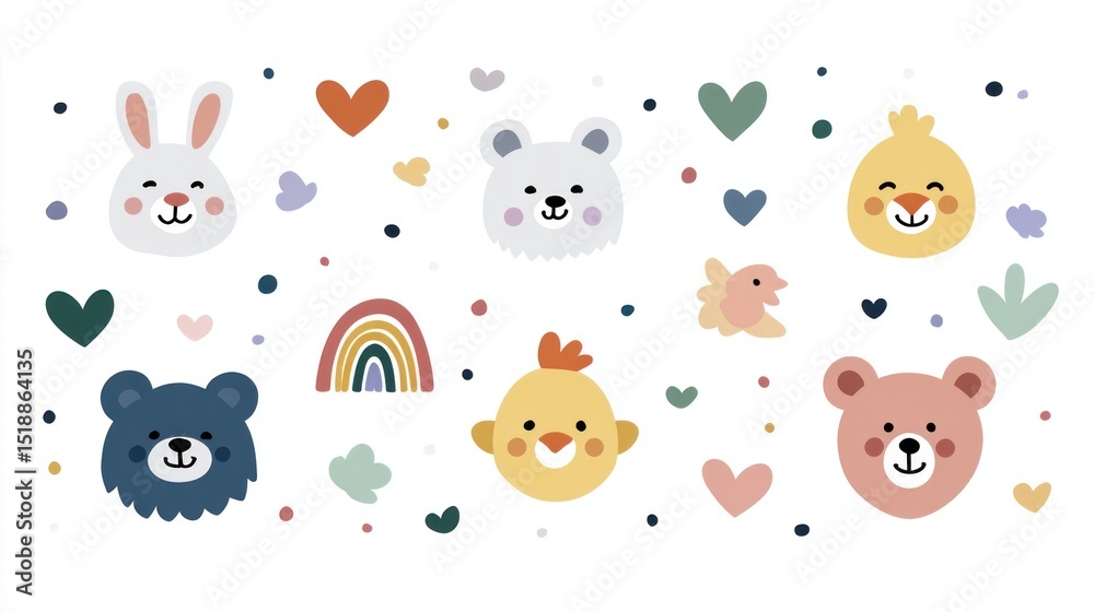 Fototapeta premium Minimalist icons of cute baby animals (bunny, chick, bear), surrounded by pastel hearts, floral elements, and rainbow accents, clean flat design, white background.